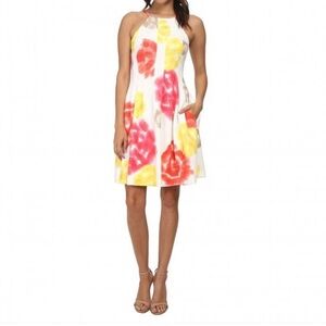 Calvin Klein Orange Floral Multicolor Sz 6 Sleeveless Fit & Flare Lined Dress
